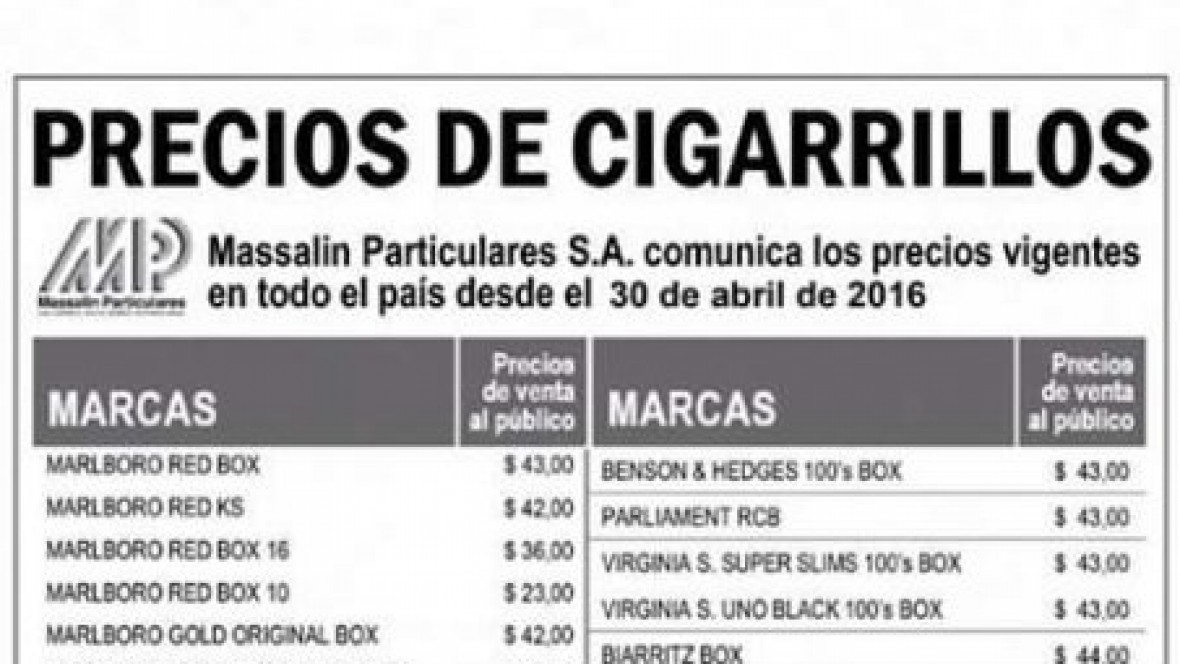 Así quedó la lista de precios de los cigarrillos tras el aumento